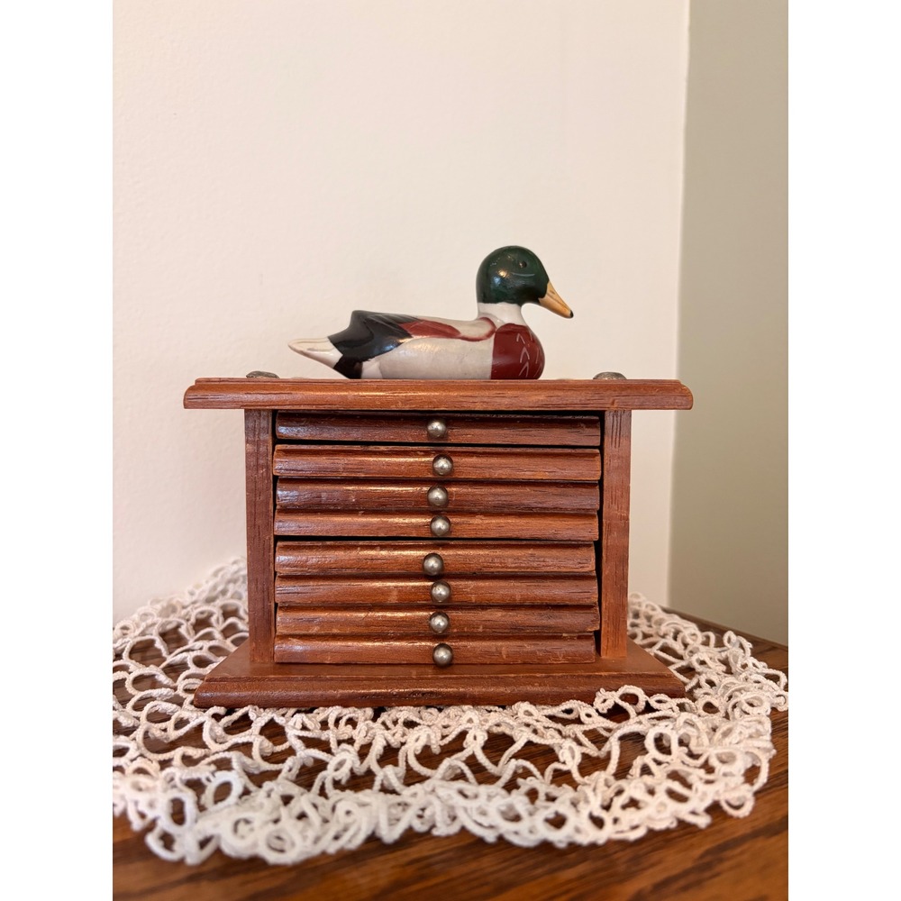 Vintage Wood Coaster Set with Ceramic Mallard Duck Caddy 8 Piece Cork Inlay